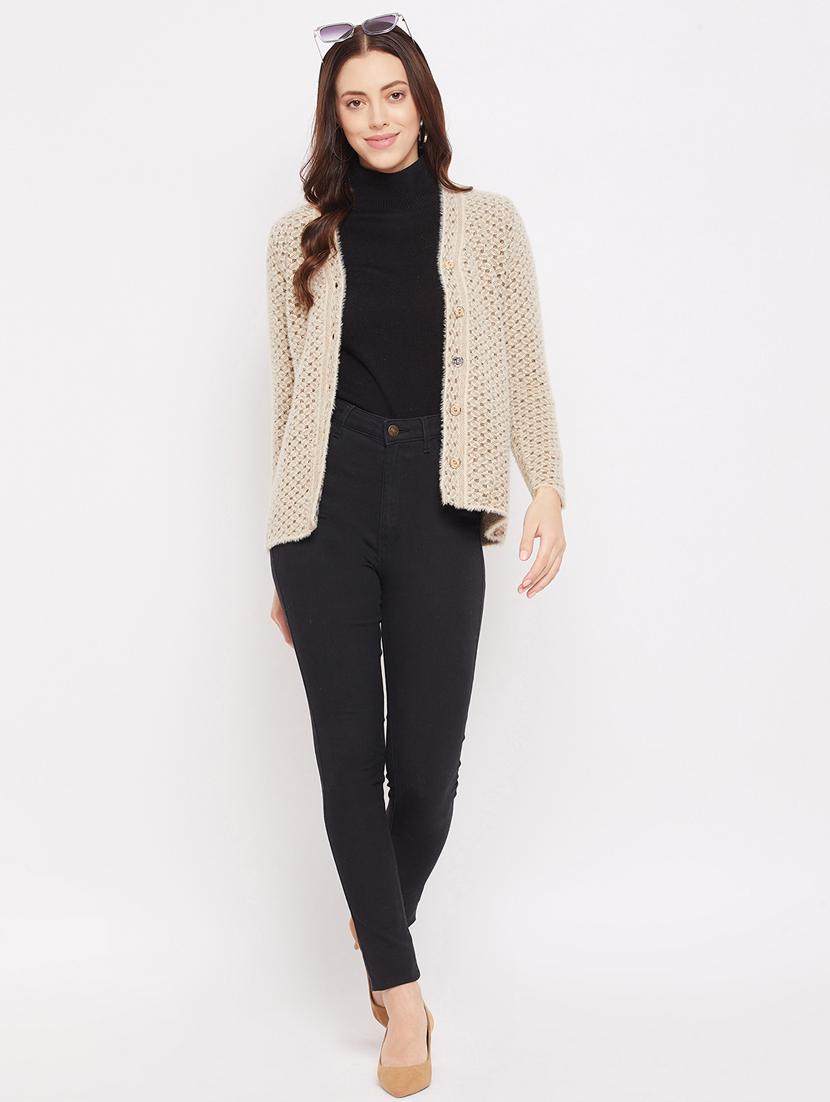 beige solid cardigan - 18229835 - Standard Image - 3