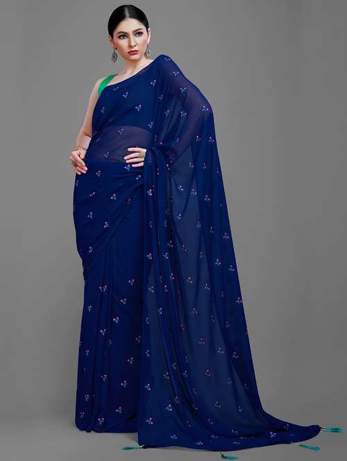 navy georgette embroidered saree with blouse - 18229859 -  Standard Image - 0