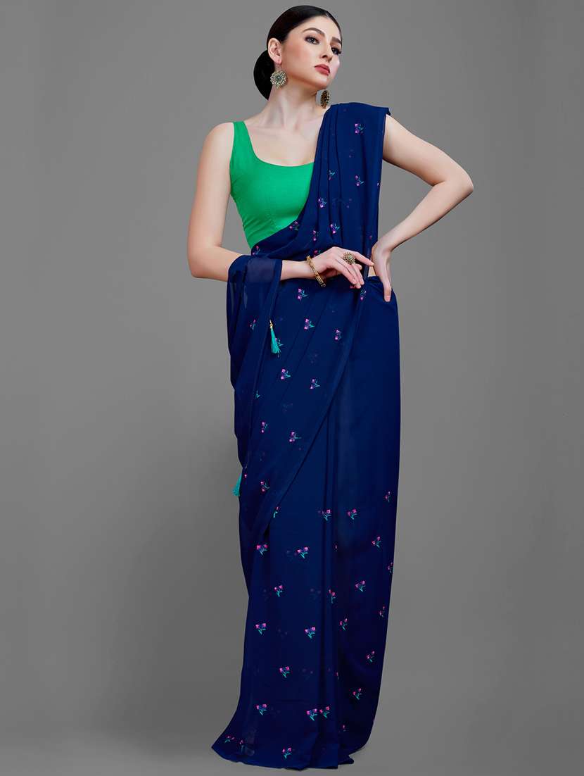 navy georgette embroidered saree with blouse - 18229859 - Standard Image - 3