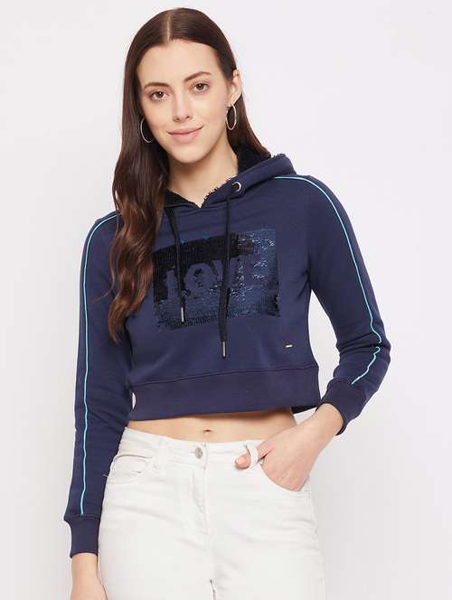 navy blue printed hoodies sweatshirt - 18229881 - Standard Image - 0