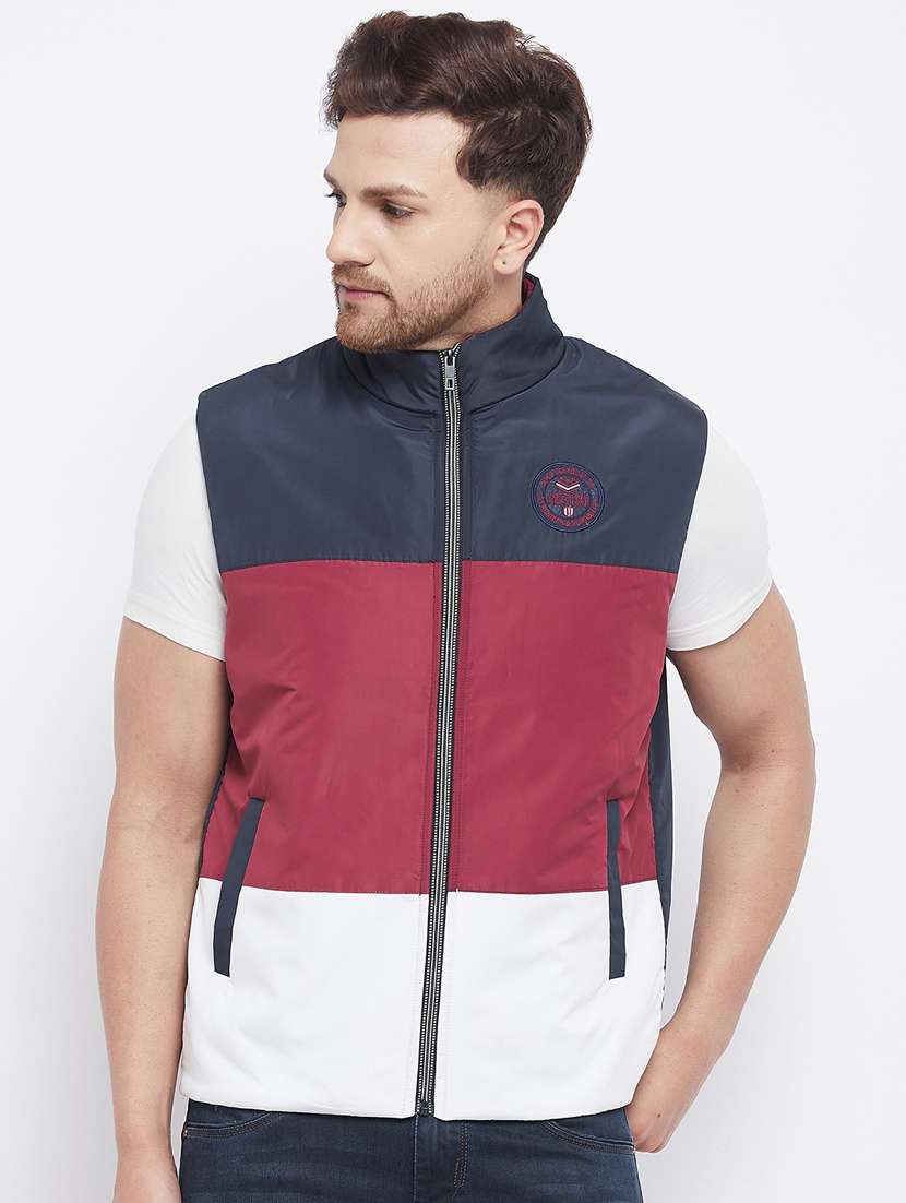 navy blue color-blocked quilted jacket - 18229916 -  Zoom Image - 0