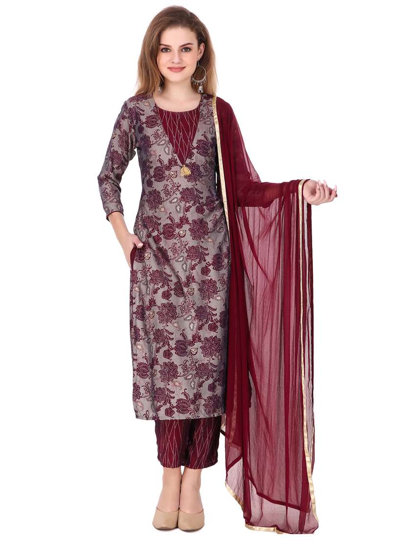 red rayon kurta pant set - 18230575 - Zoom Image - 0