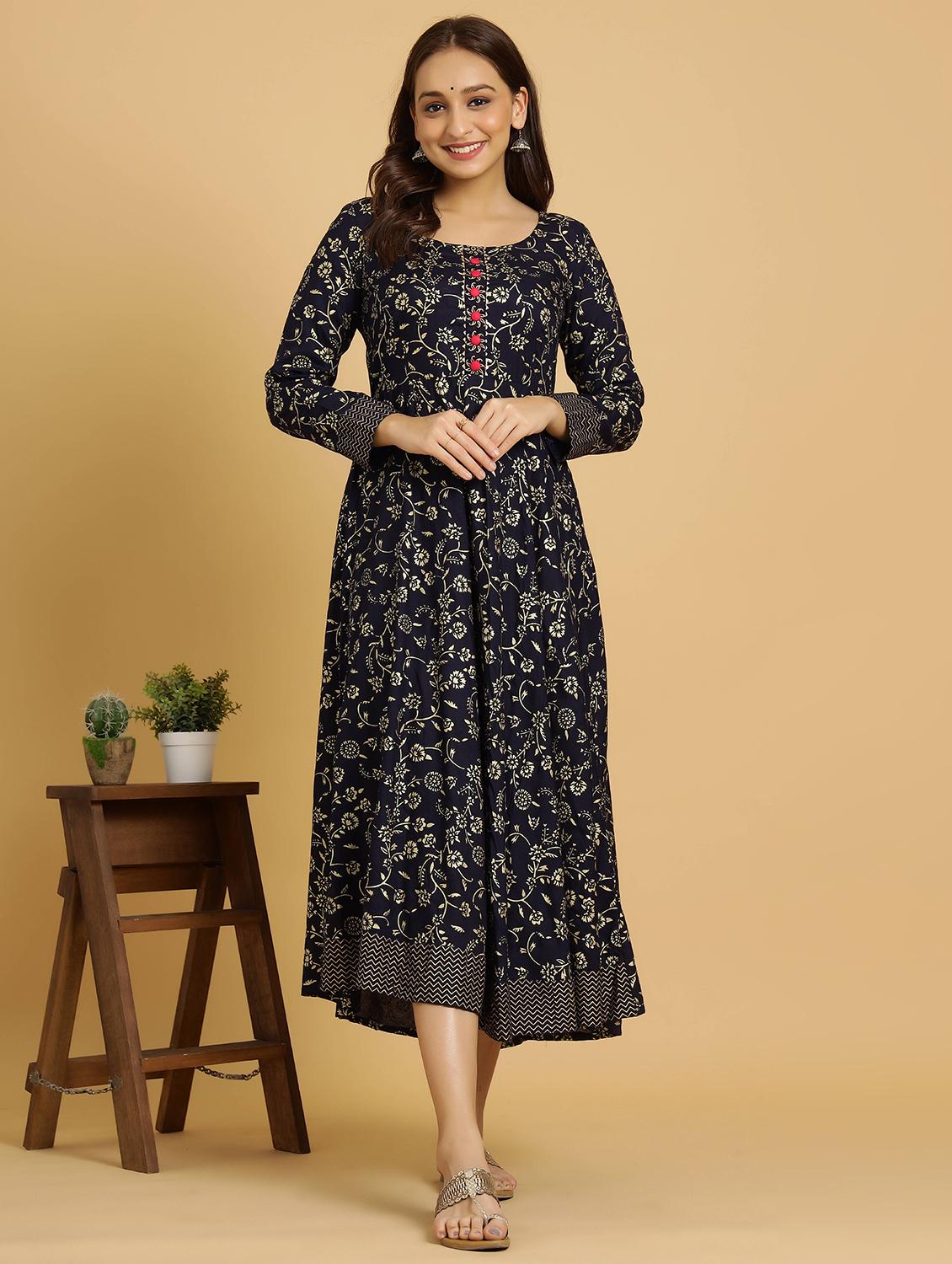 navy blue rayon fit & flare gown - 18230828 -  Zoom Image - 0