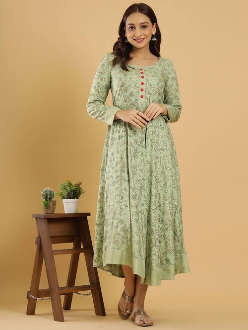 green rayon fit & flare gown - 18230829 -  Standard Image - 0
