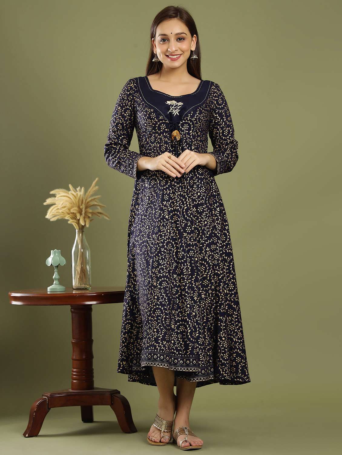 navy blue rayon fit & flare gown - 18230871 - Zoom Image - 0