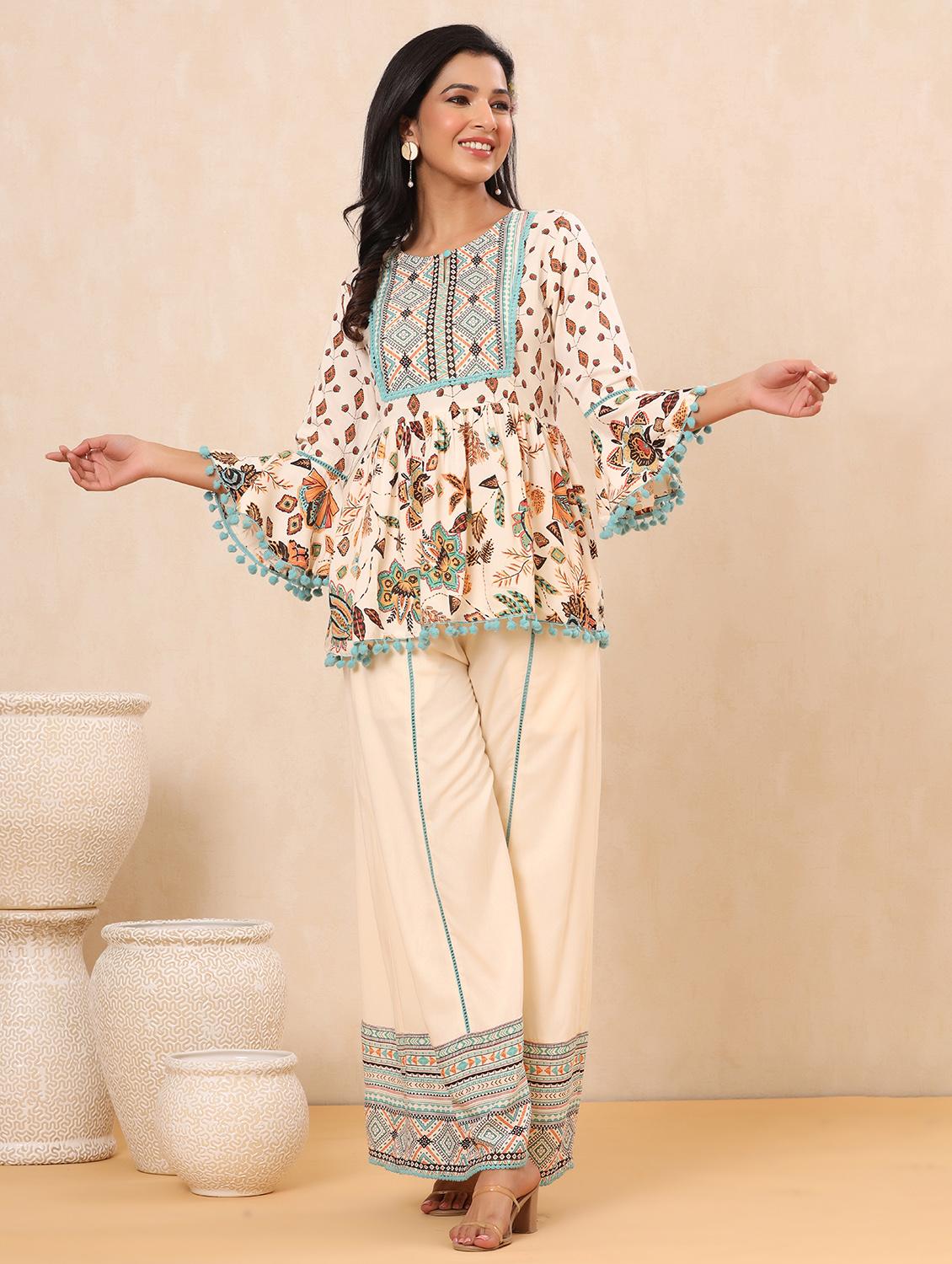 beige rayon kurta palazzo  set
