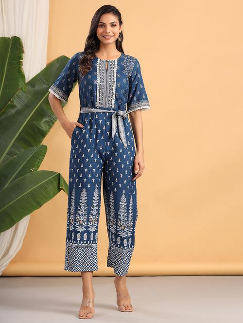 tie front printed full leg jumpsuit - 18230983 -  Standard Image - 0