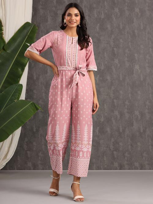 tie front printed full leg jumpsuit - 18230984 -  Standard Image - 0