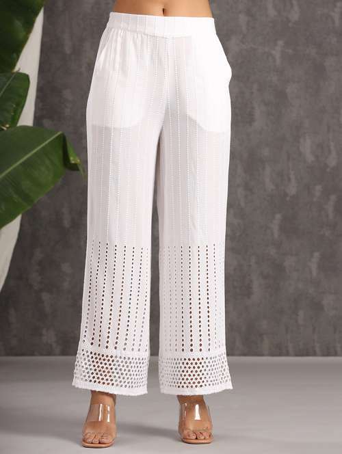 white solid schiffli straight palazzo - 18230990 -  Standard Image - 0