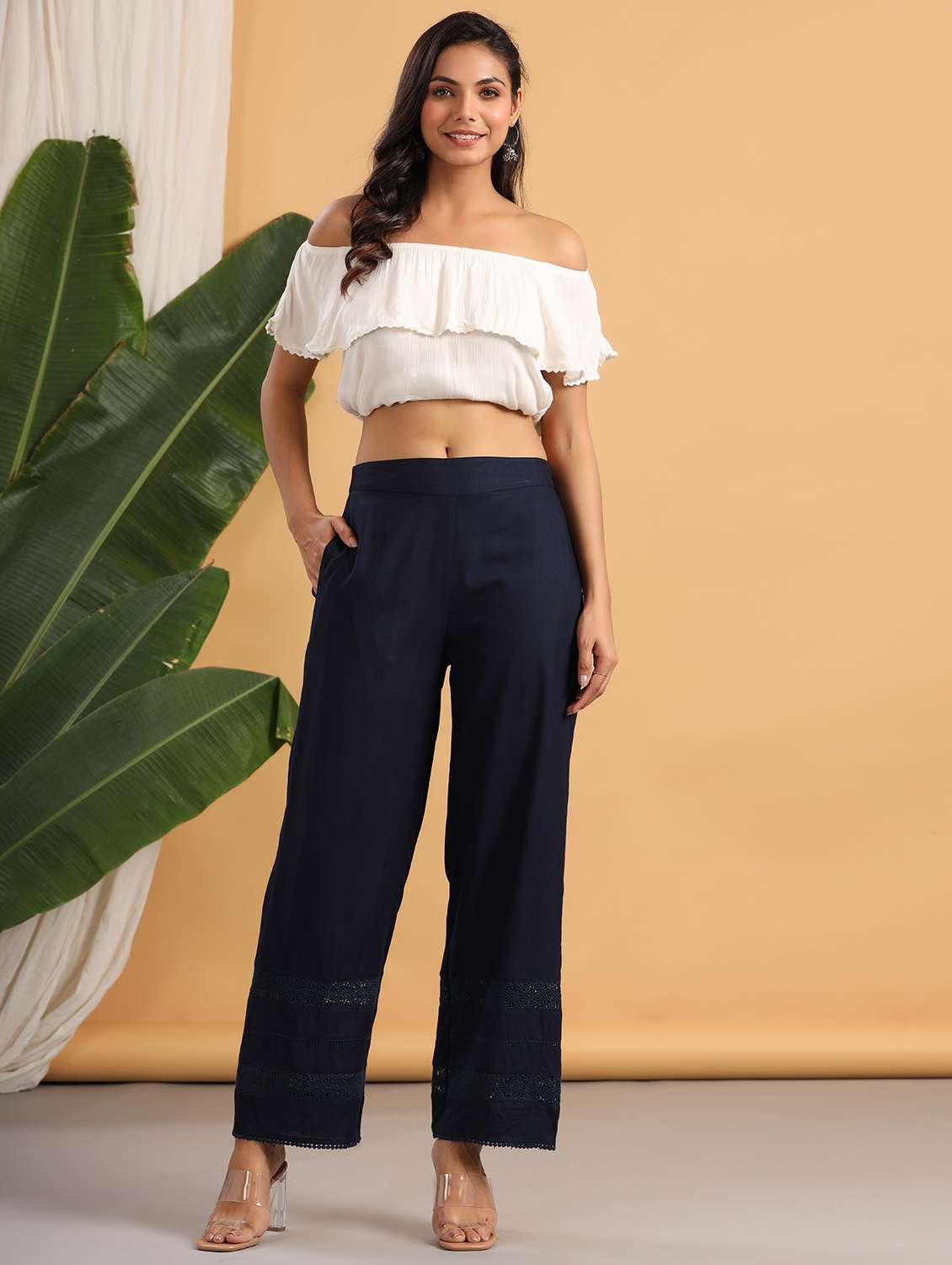 navy solid flared palazzo - 18230993 -  Standard Image - 3