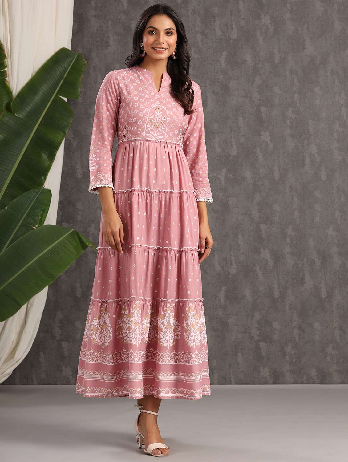 pink printed tiered ethnic dress