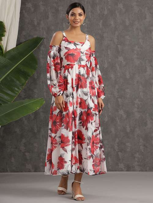 white chiffon fit & flare ethnic dress - 18231019 -  Standard Image - 0