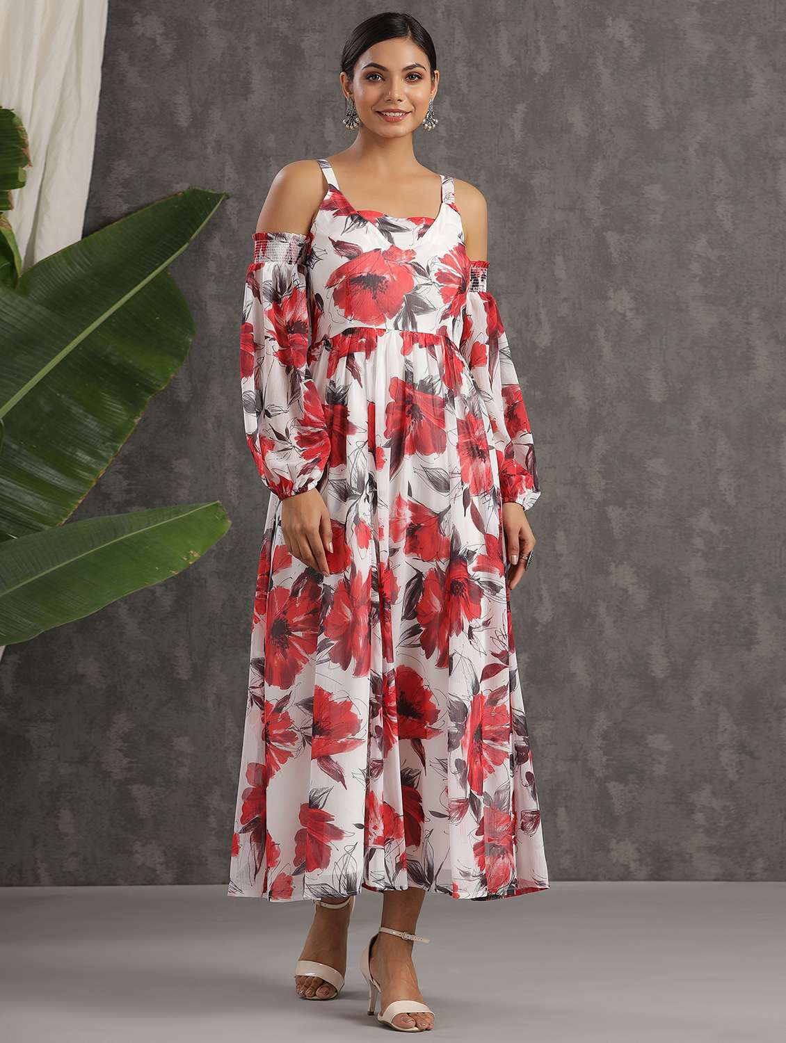 white chiffon fit & flare ethnic dress