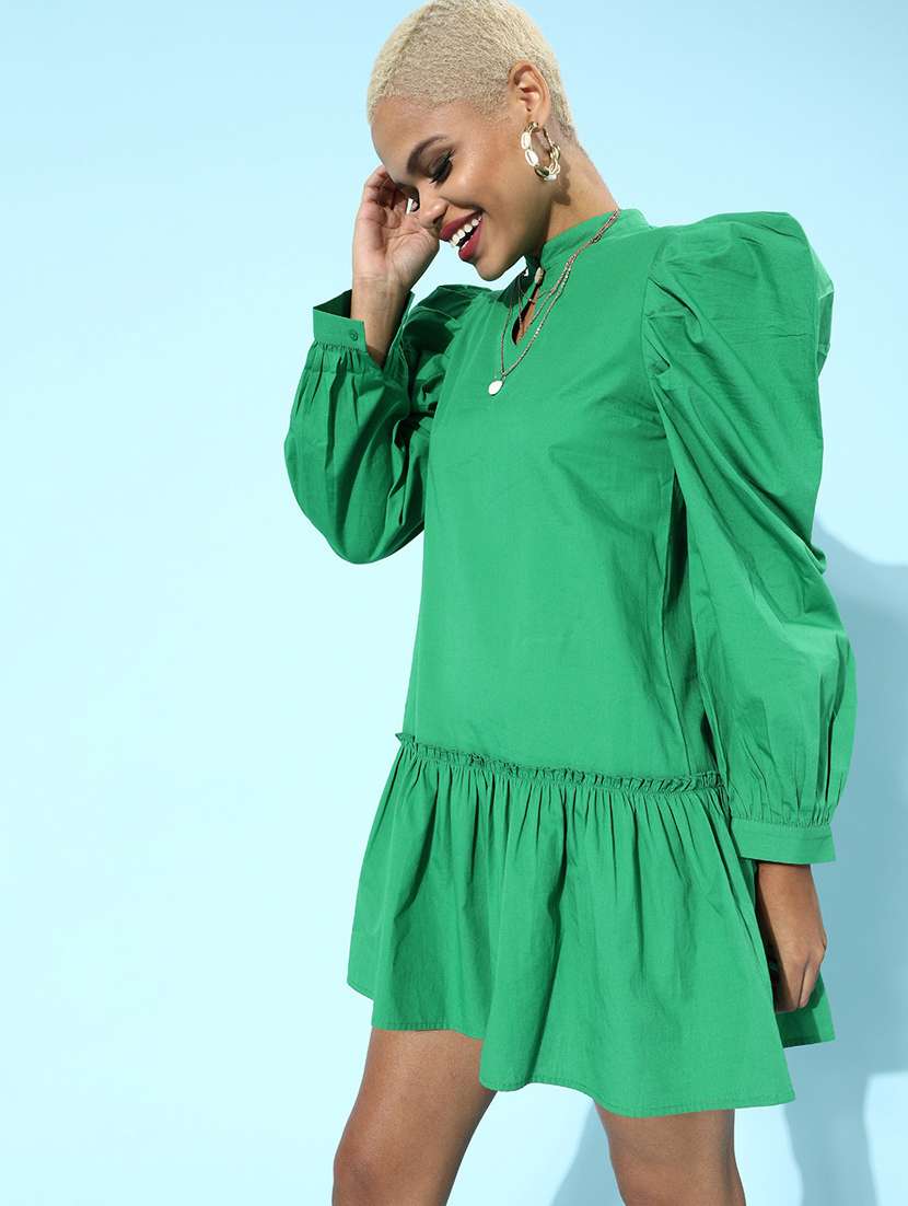 mutton sleeved solid flared dress