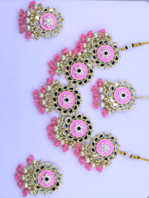 necklace earing and maang tikka with mirror - 18232699 - Standard Image - 0