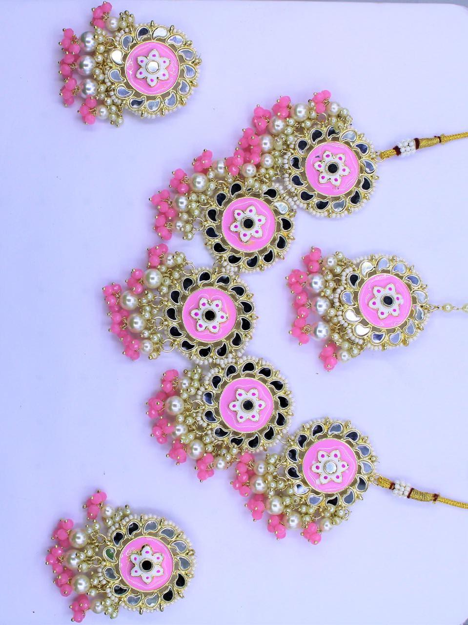 necklace earing and maang tikka with mirror - 18232699 - Zoom Image - 0