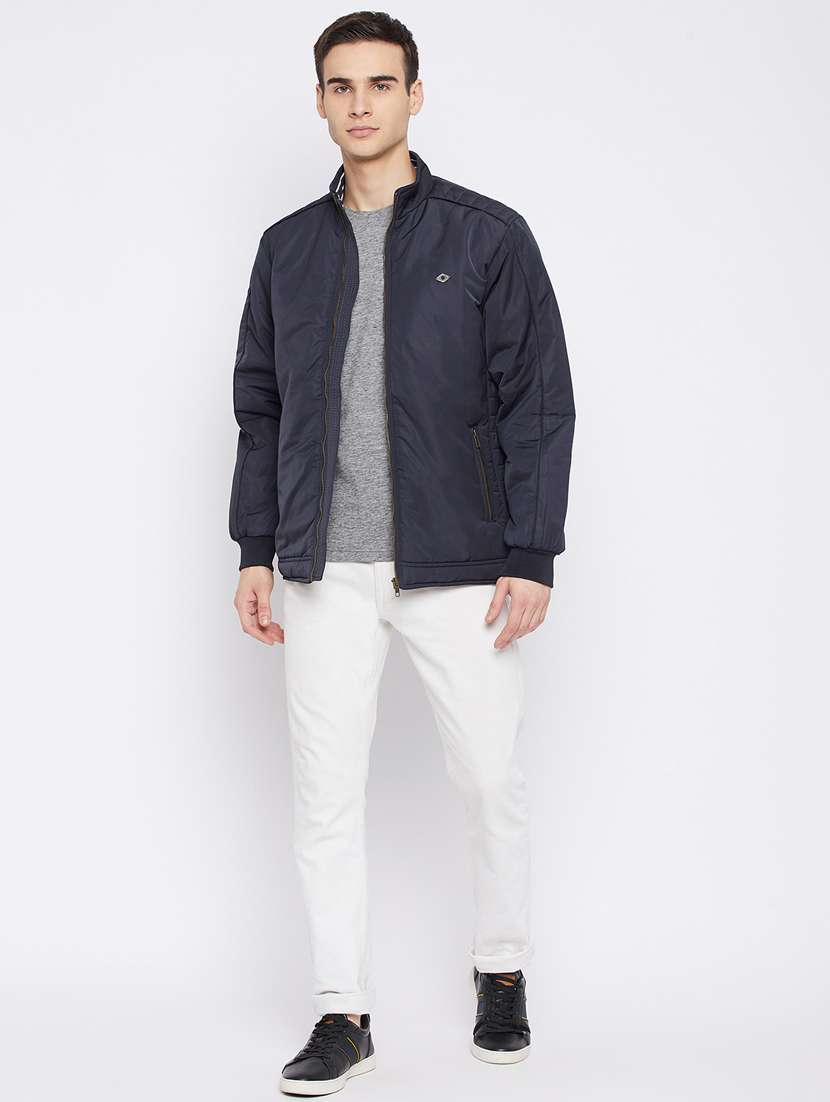 navy blue solid bomber jacket - 18233054 -  Standard Image - 3