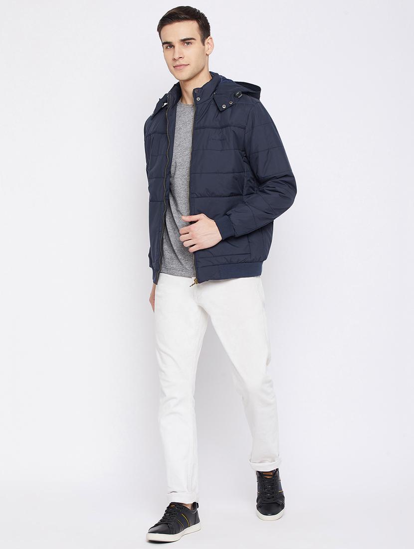navy blue solid bomber jacket - 18233056 - Standard Image - 3