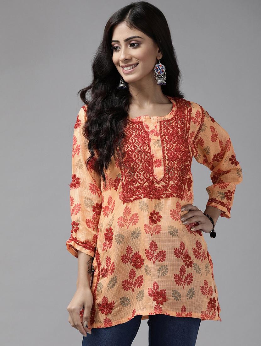 ada hand embroidered peach kota lucknow chikankari kurti - 18234212 - Zoom Image - 0