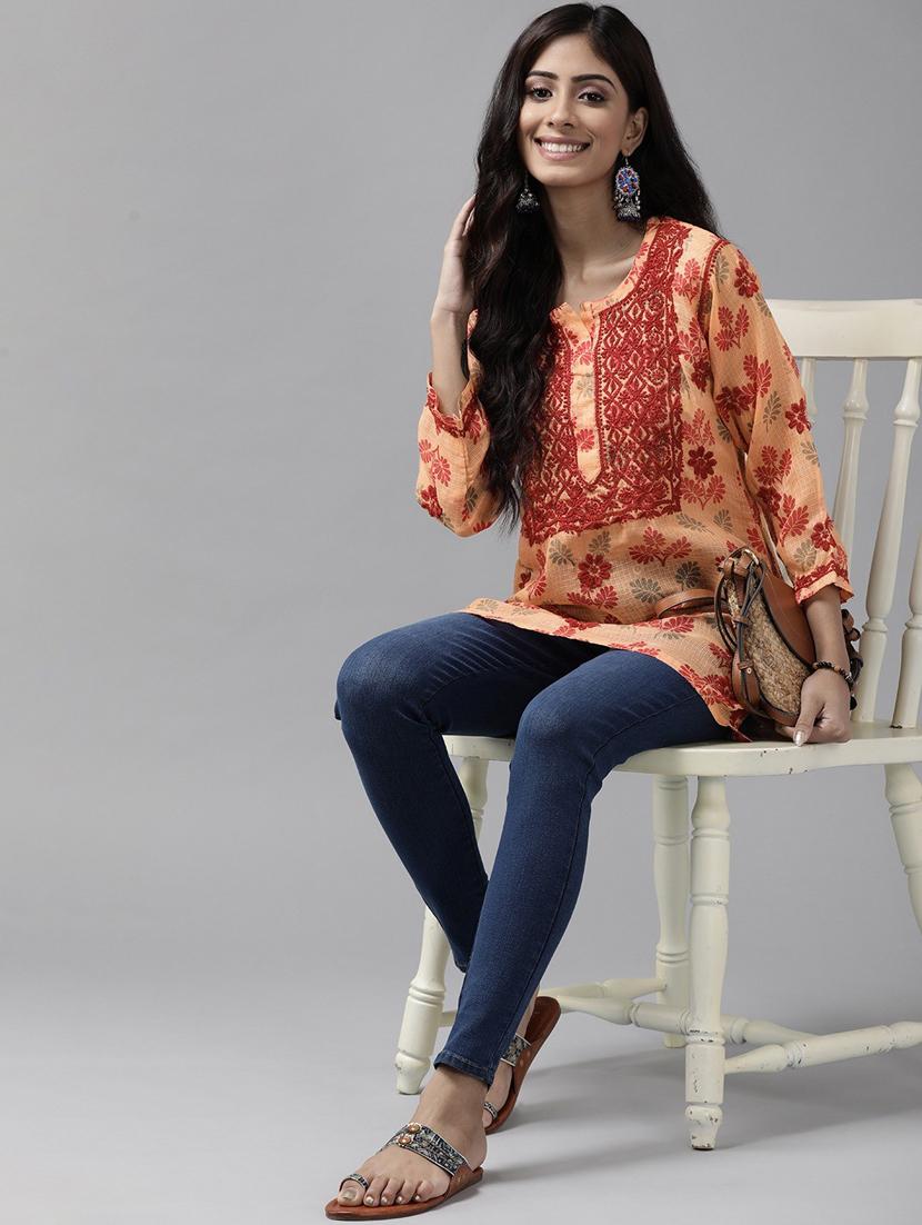ada hand embroidered peach kota lucknow chikankari kurti - 18234212 - Standard Image - 3