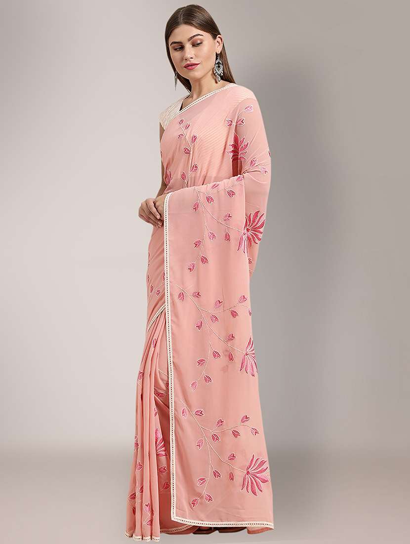 women's floral pink colored saree with blouse