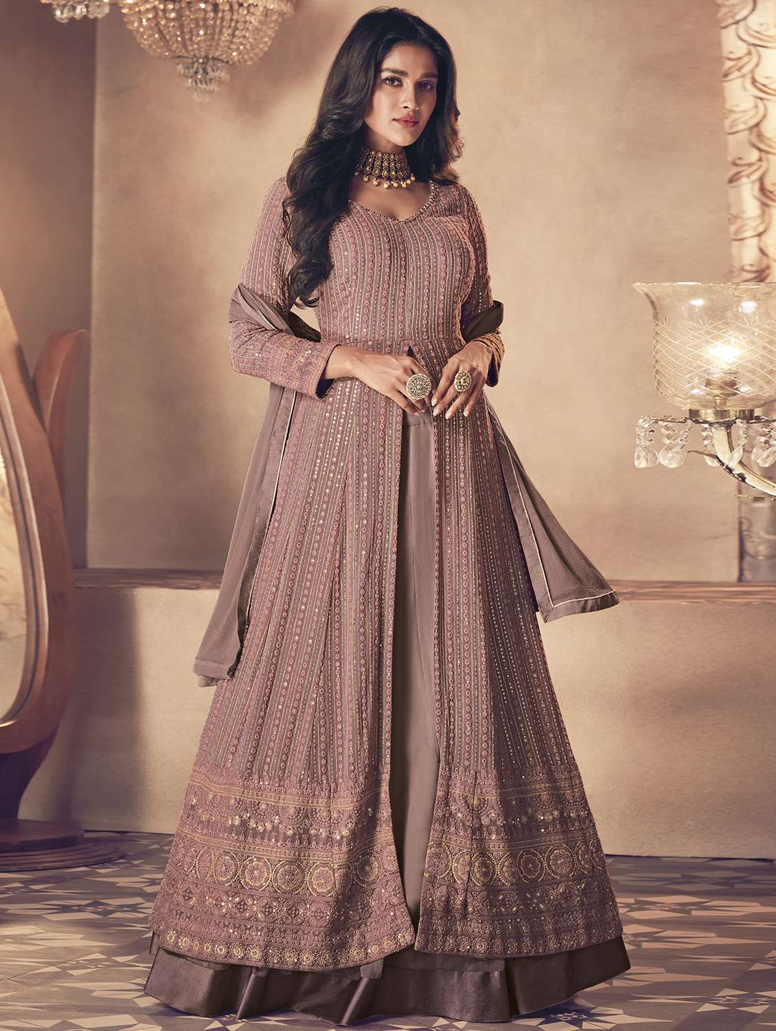 brown georgette semistitched suit