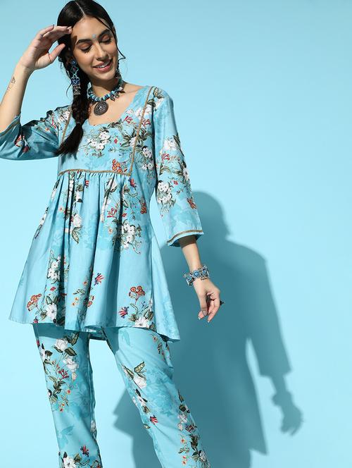 blue rayon kurta pant set - 18235937 - Standard Image - 0