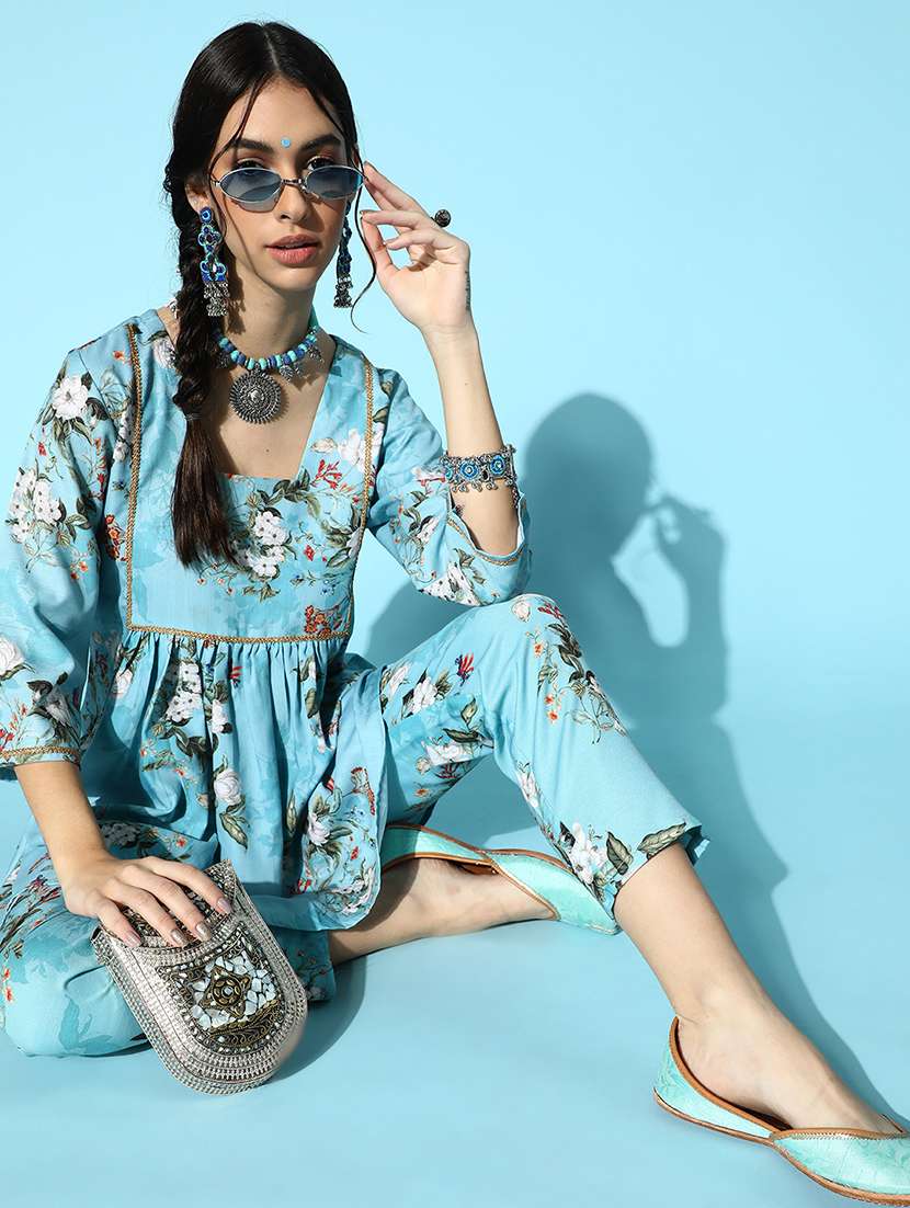 blue rayon kurta pant set - 18235937 - Standard Image - 3
