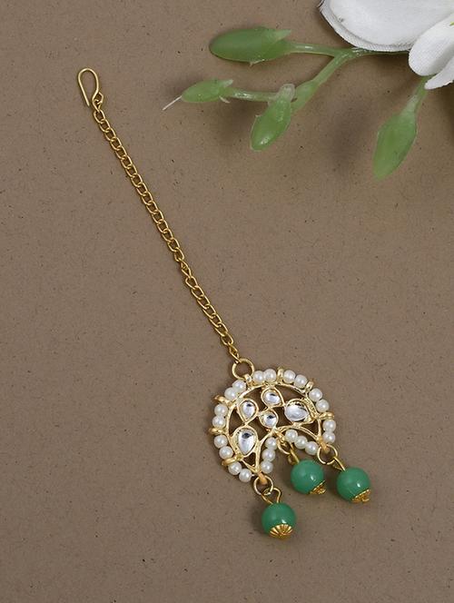 gold-plated stone-studded & pearl-beaded maang tikka - 18235954 - Standard Image - 0