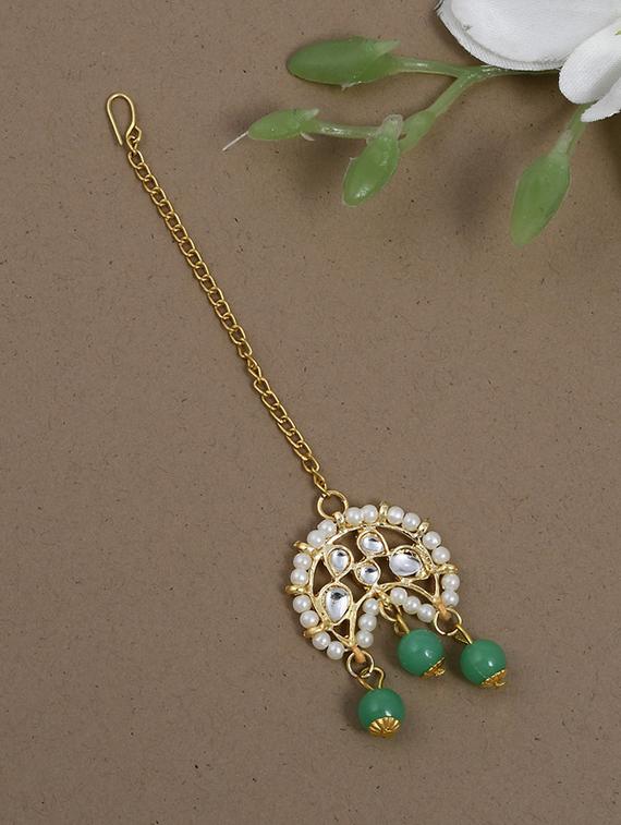 gold-plated stone-studded & pearl-beaded maang tikka - 18235954 - Zoom Image - 0