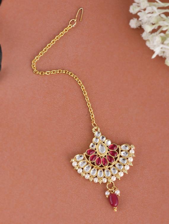 pink stone studded brass maang teeka - 18235997 - Zoom Image - 0