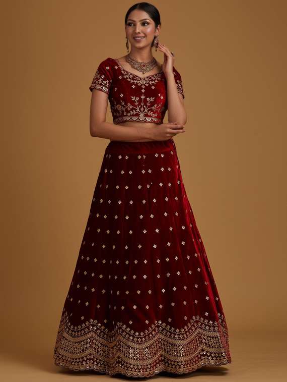 Buy online Maroon Satin Flared Lehenga 