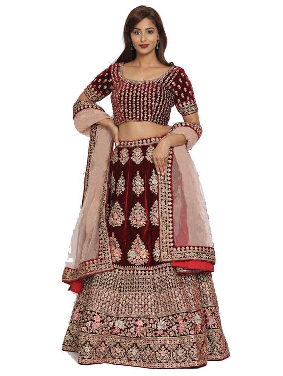 maroon velvet flared lehenga