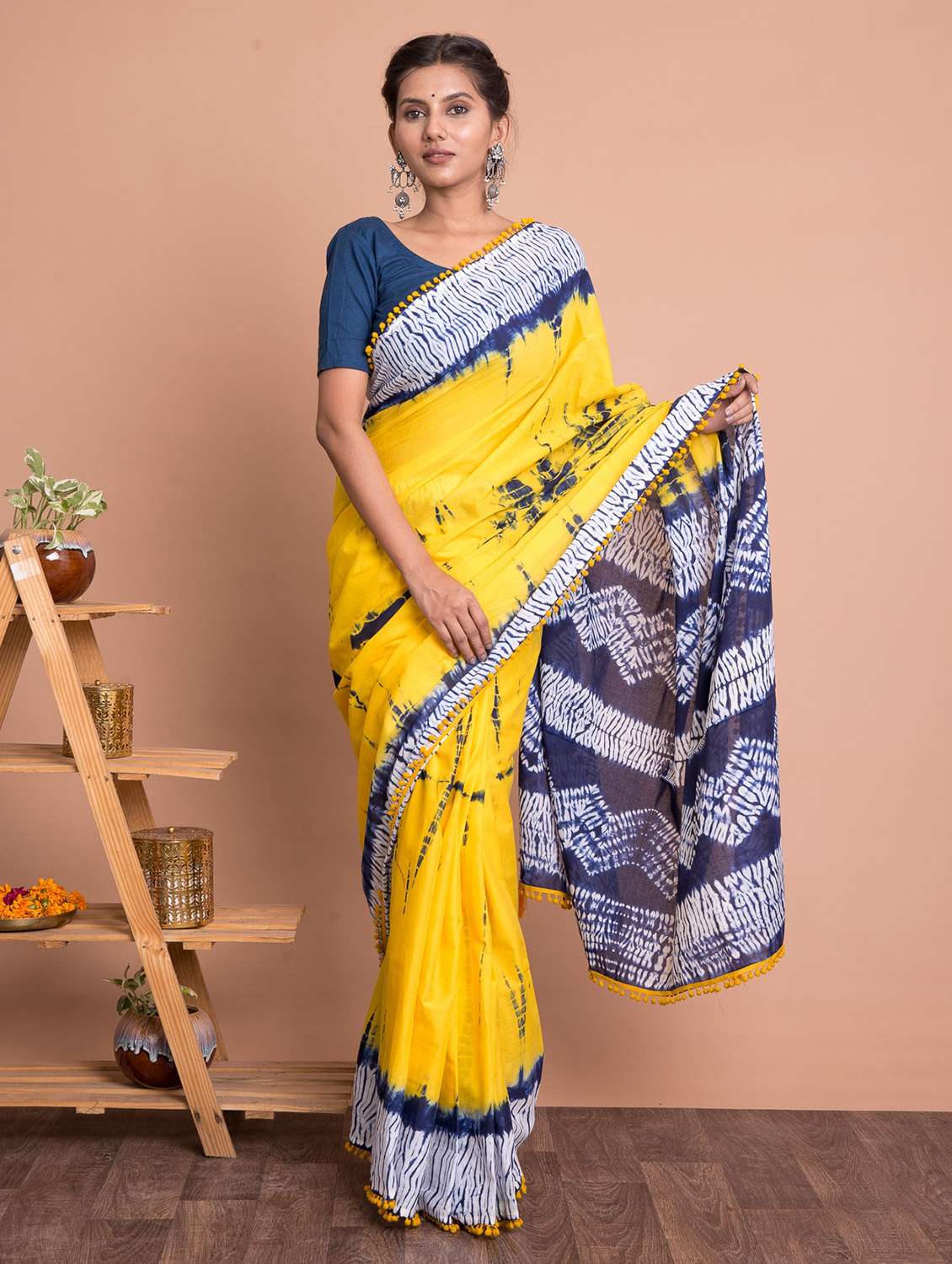 yellow cotton printed saree with blouse