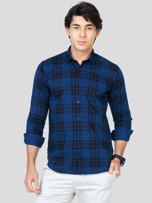 navy-blue checkered casual shirt - 18245390 - Standard Image - 0