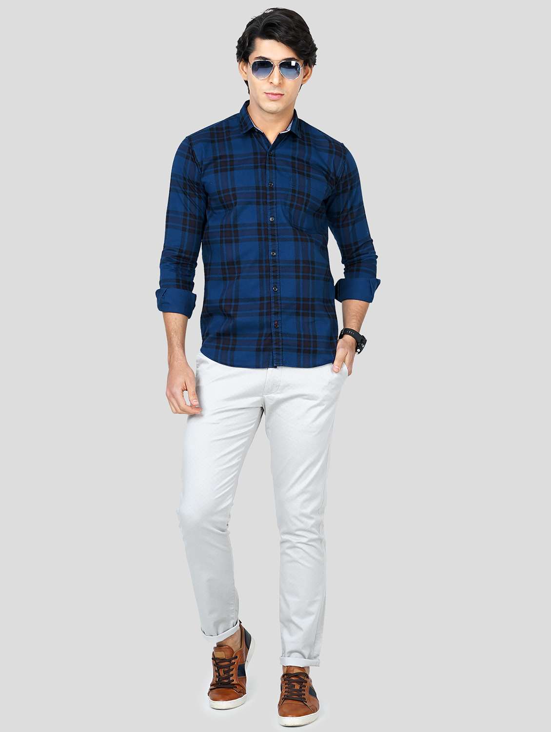 navy-blue checkered casual shirt - 18245390 - Standard Image - 3