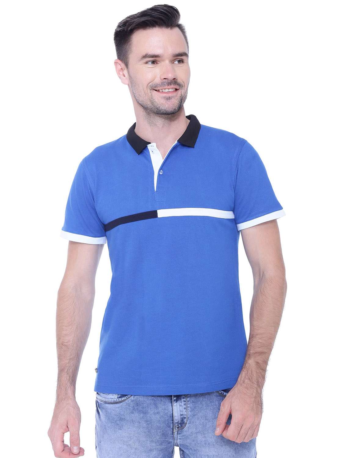 Buy online Blue Solid Cut Sew Polo T-shirt from top wear for Men