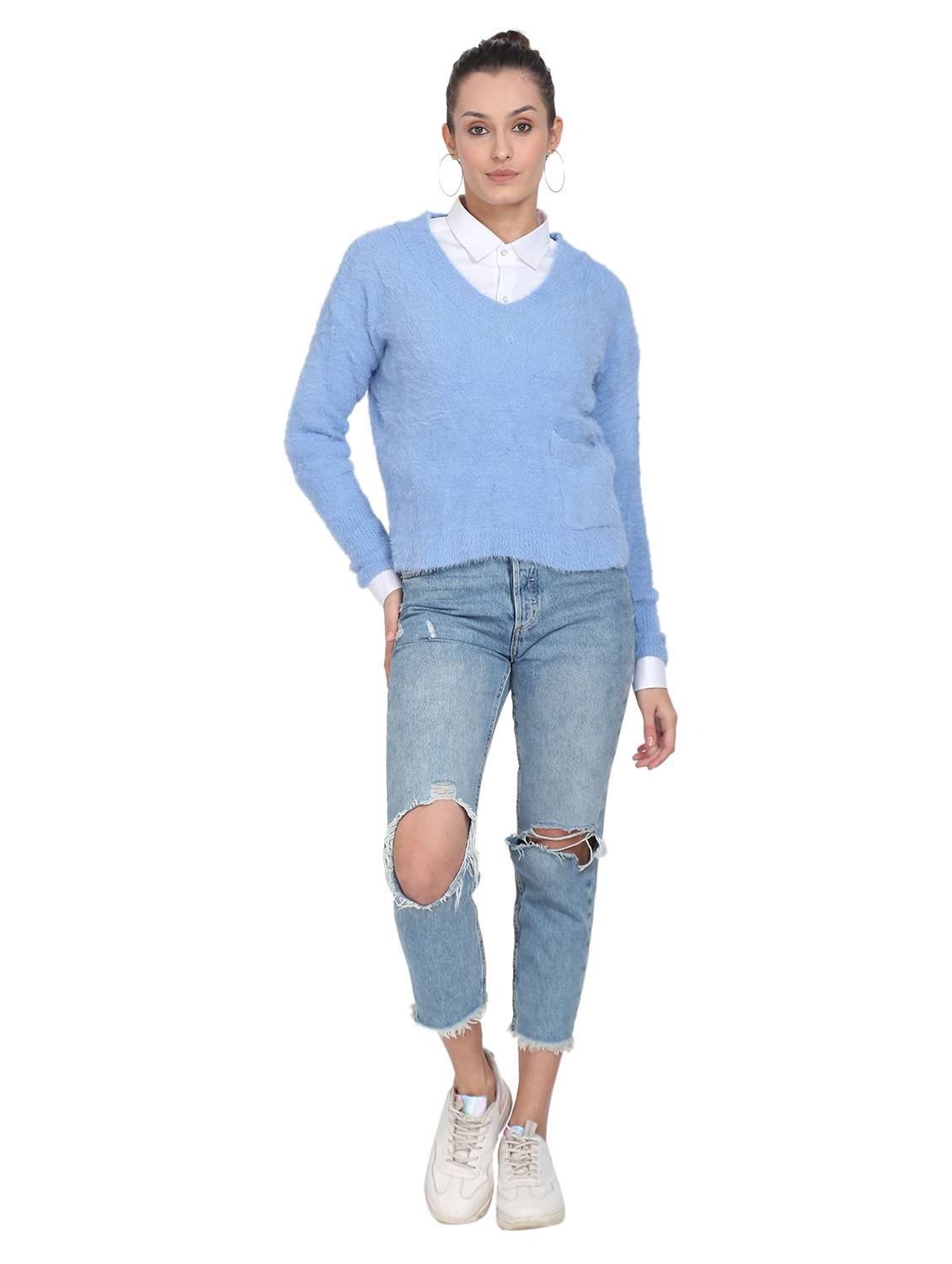 v-neck solid pullover - 18246486 - Standard Image - 3