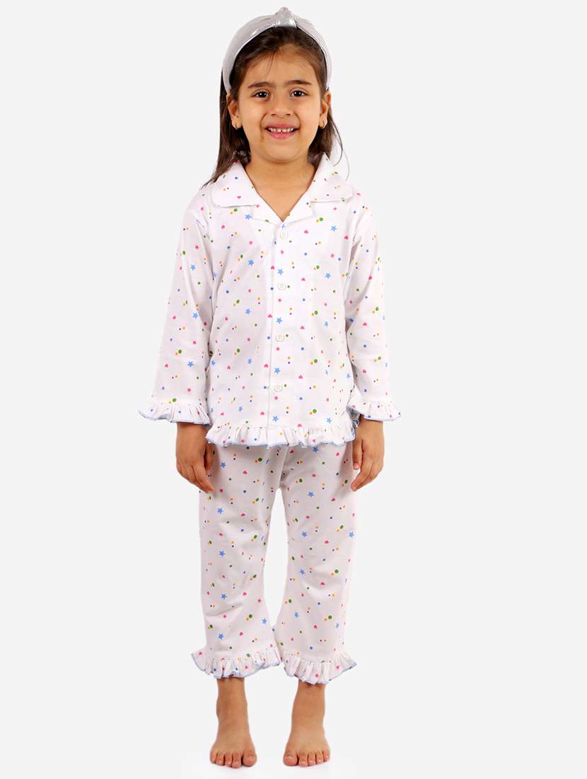girls white printed shirt & pyjama set