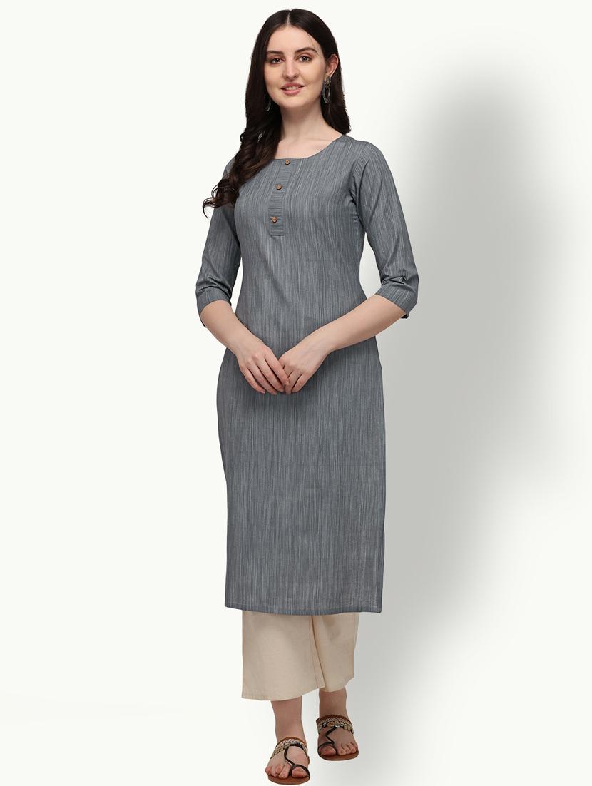 grey solid straight kurta - 18247814 -  Zoom Image - 0