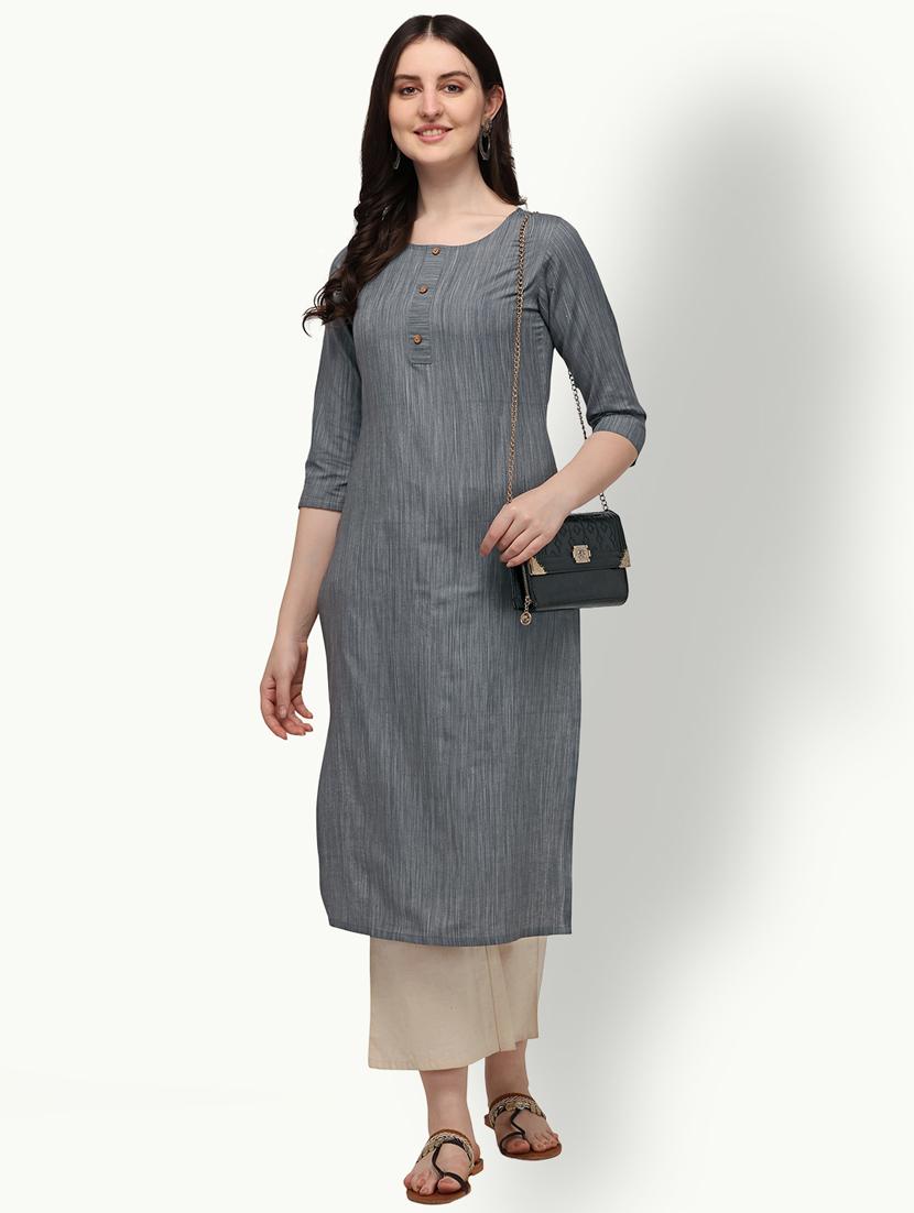 grey solid straight kurta - 18247814 - Standard Image - 3