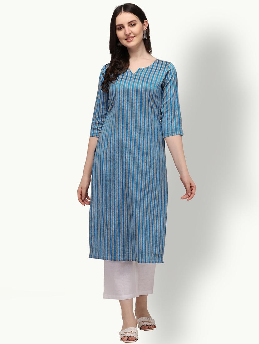 turquoise striped straight kurta - 18247826 - Zoom Image - 0