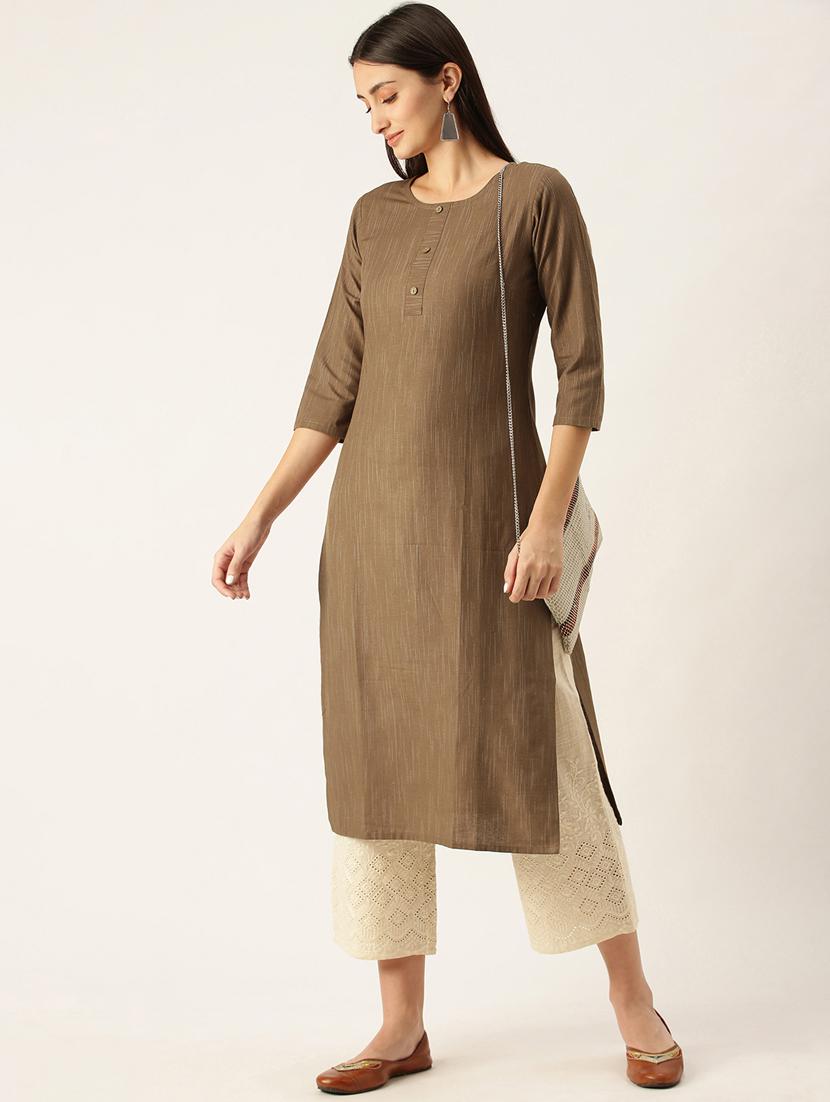 brown solid straight kurta - 18247841 - Zoom Image - 0