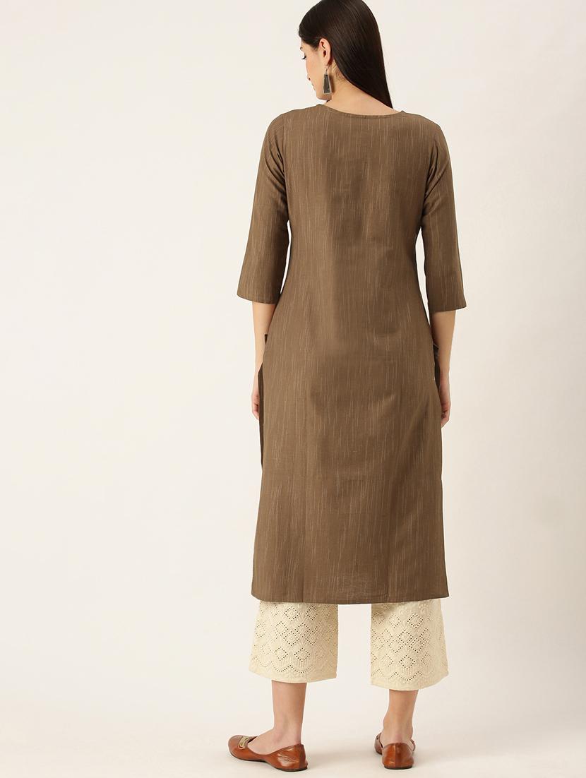 brown solid straight kurta - 18247841 - Standard Image - 3