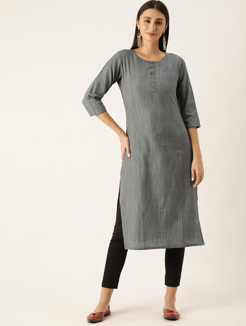 grey solid straight kurta - 18247842 -  Zoom Image - 0