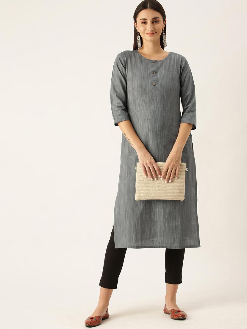 grey solid straight kurta - 18247842 - Standard Image - 3