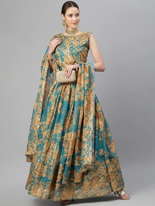teal organza flared lehenga - 18247916 - Standard Image - 0