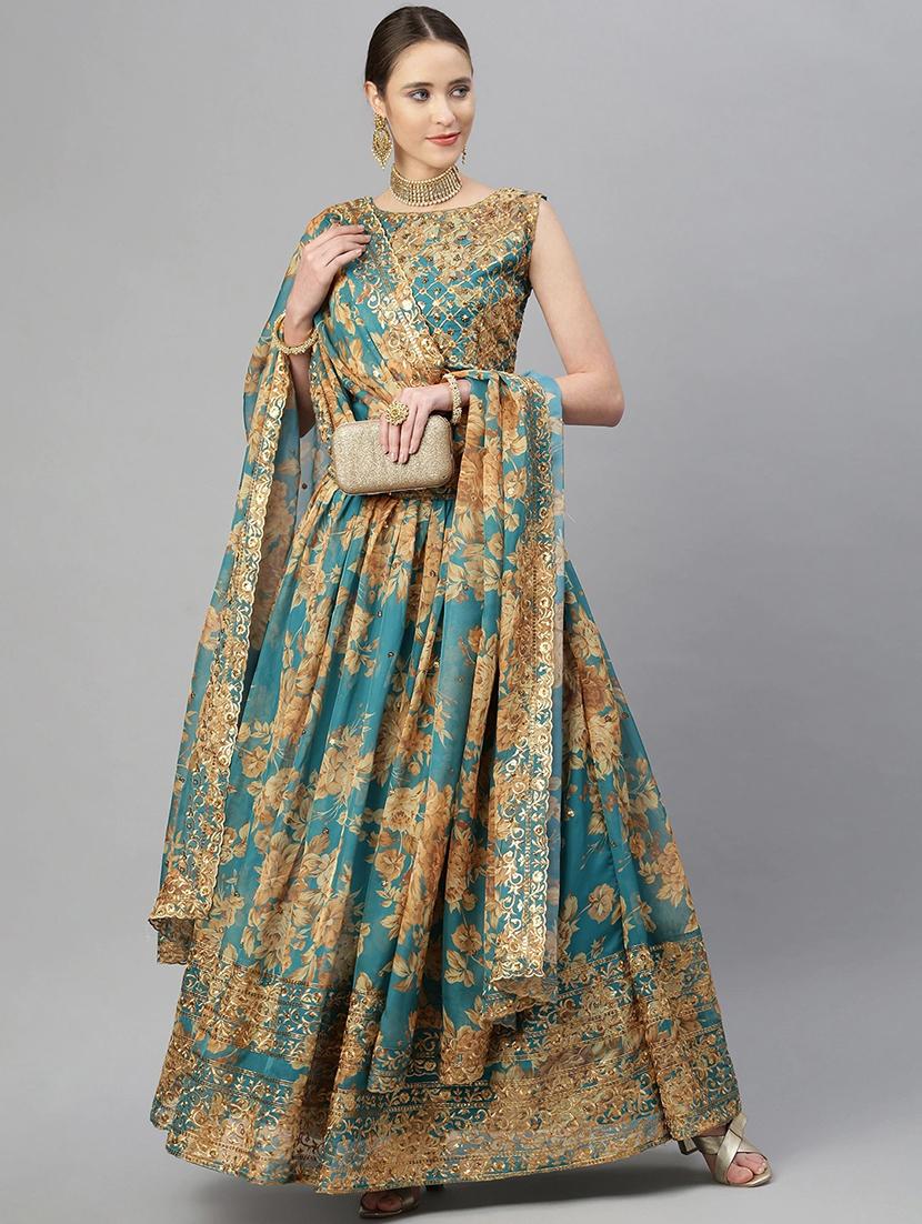 teal organza flared lehenga - 18247916 - Zoom Image - 0