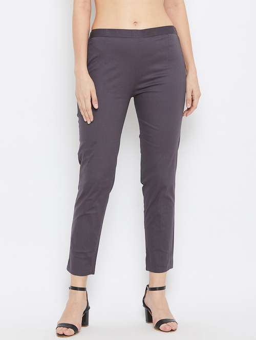 grey solid cigarette pants trouser - 18249502 -  Standard Image - 0