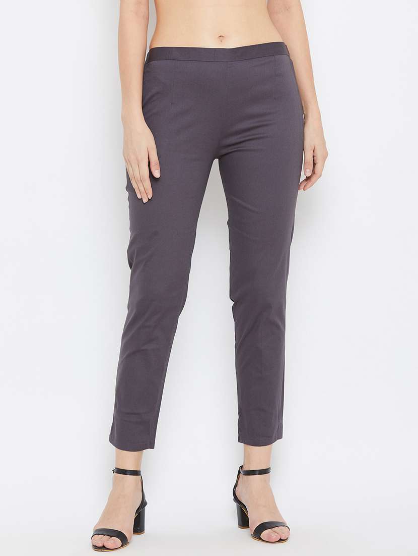 grey solid cigarette pants trouser - 18249502 -  Zoom Image - 0